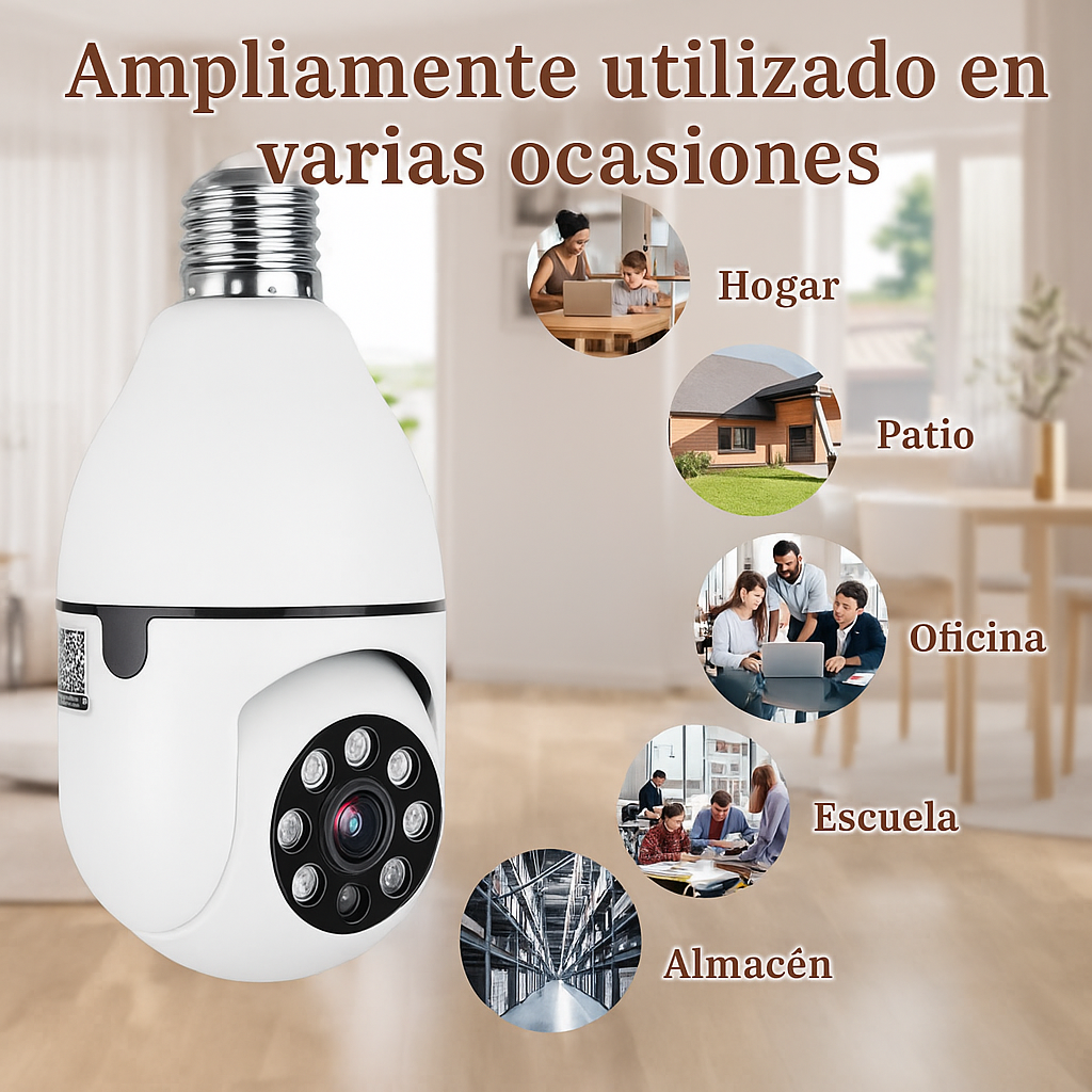 SafeBulb 360™ – Vigila a tu familia, mascotas y pertenencias desde cualquier lugar de manera discreta  (Audio bidireccional, Camara HD nocturna, soporte techo incluido y sensores de aviso a tu móvil) + Envío GRATIS
