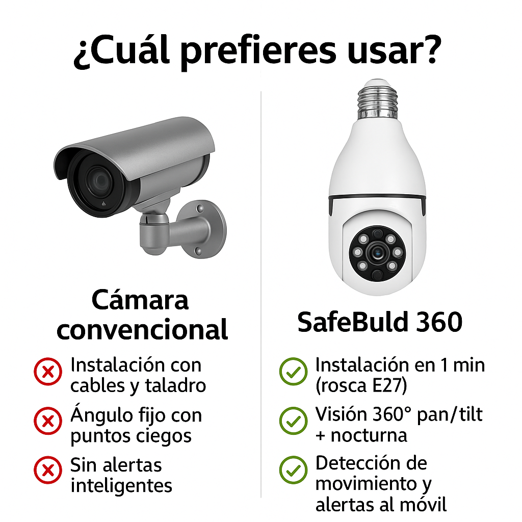 SafeBulb 360™ – Vigila a tu familia, mascotas y pertenencias desde cualquier lugar de manera discreta  (Audio bidireccional, Camara HD nocturna, soporte techo incluido y sensores de aviso a tu móvil) + Envío GRATIS