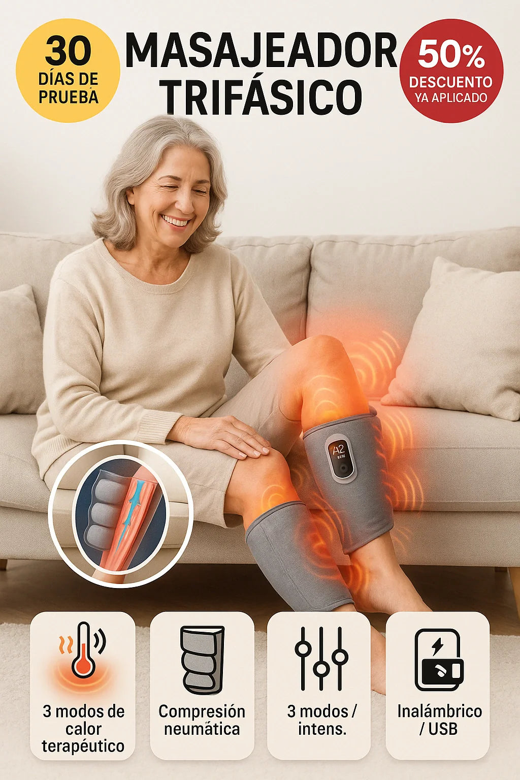 PresoRelax™ - Terapia de calor, vibración y presión que elimina la hinchazon y apaga las puzandas con tan solo 7 minutos al día. (Incluye 3 modos diferentes y 3 niveles para cada modo. Incluye cargador) *Talla universal y es portátil