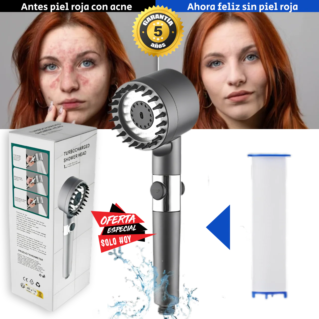 ULTRASHOWER ™ - El único cabezal de ducha que gracias a su filtro interno previene  y elimina casi al 100% todo tipo de rojeces en la piel (Incluye 3 tipos de presión).