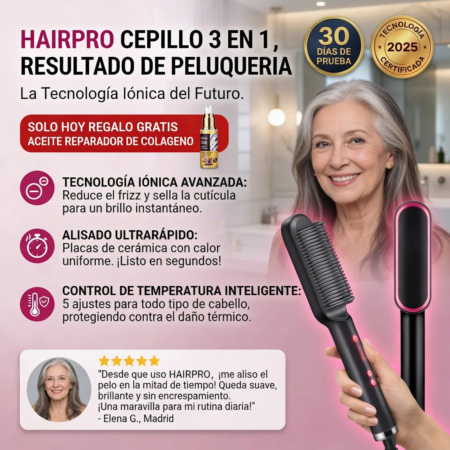 Cepillo Alisador Inteligente HairPro™ - El primer alisador-ondulador 3 en 1 con tecnologia iónica con el que tendrás un peinado de peluquería sin depender de nadie. (Hoy aceite esencial de colágeno GRATIS).