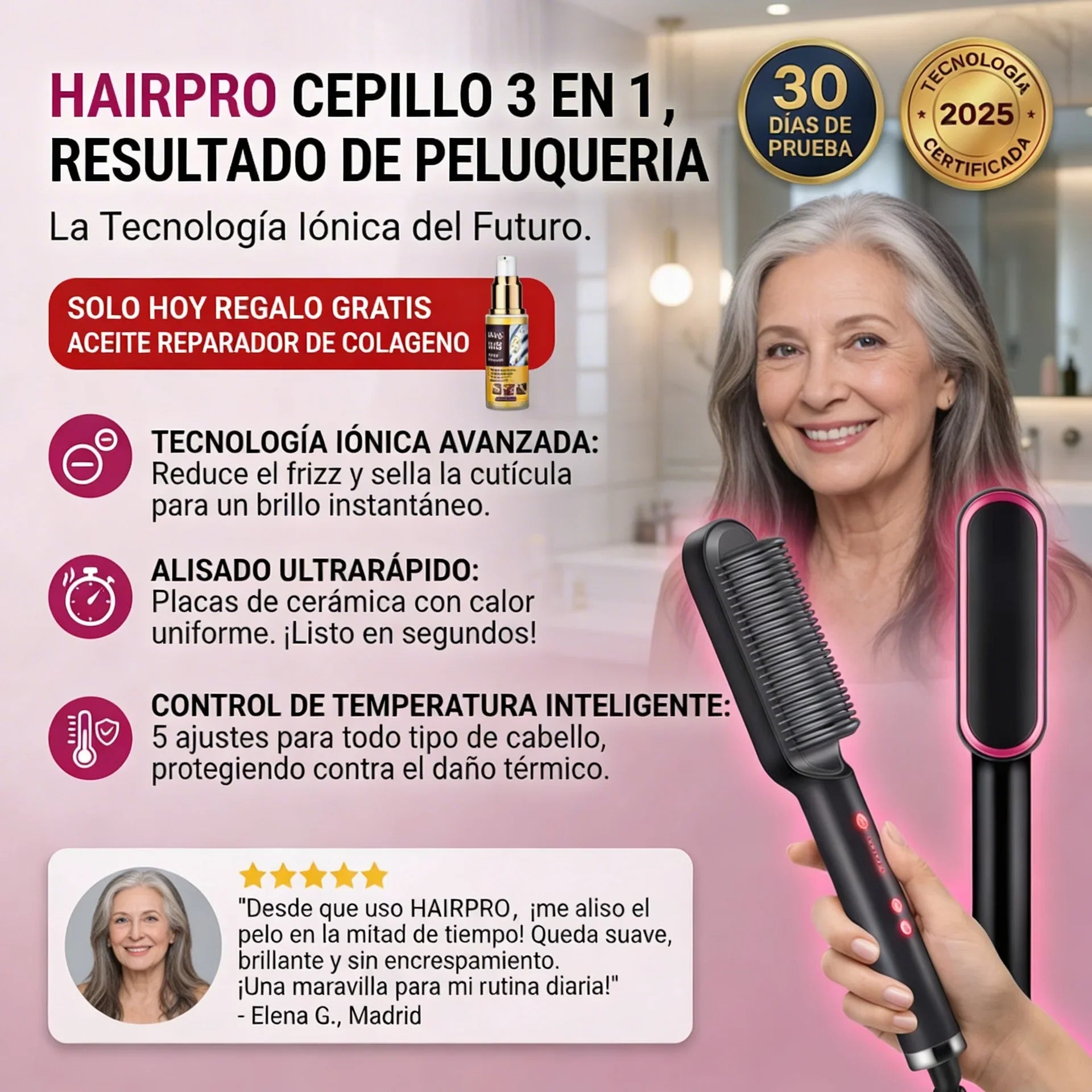 Cepillo Alisador Inteligente HairPro™ - El primer alisador-ondulador 3 en 1 con tecnologia iónica con el que tendrás un peinado de peluquería sin depender de nadie. (Hoy aceite esencial de colágeno GRATIS).