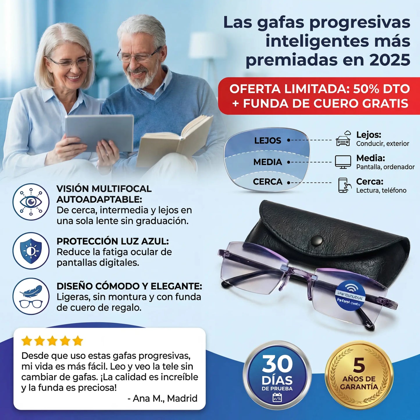 Gafas Blu Progresivas Inteligentes™ - Visión de cerca, intermedia y lejos en una sola gafa (No necesita graduación, incluye funda de cuero y PRUEBA GARANTIZADA de 30 DÍAS) l.p