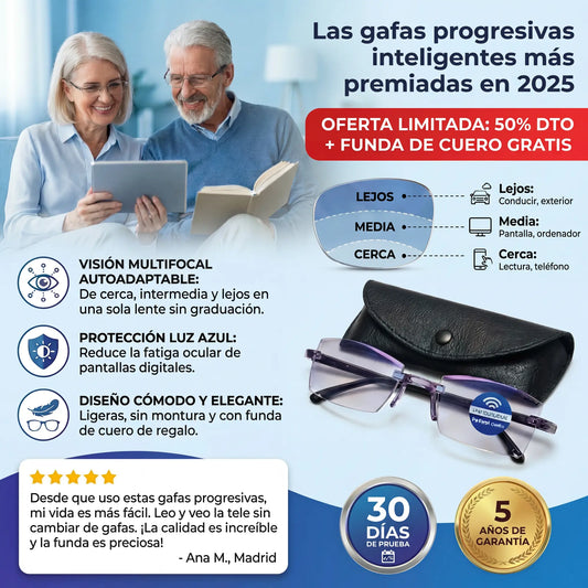 Gafas Blu Progresivas Inteligentes™ - Visión de cerca, intermedia y lejos en una sola gafa (No necesita graduación, incluye funda de cuero y PRUEBA GARANTIZADA de 30 DÍAS) l.p