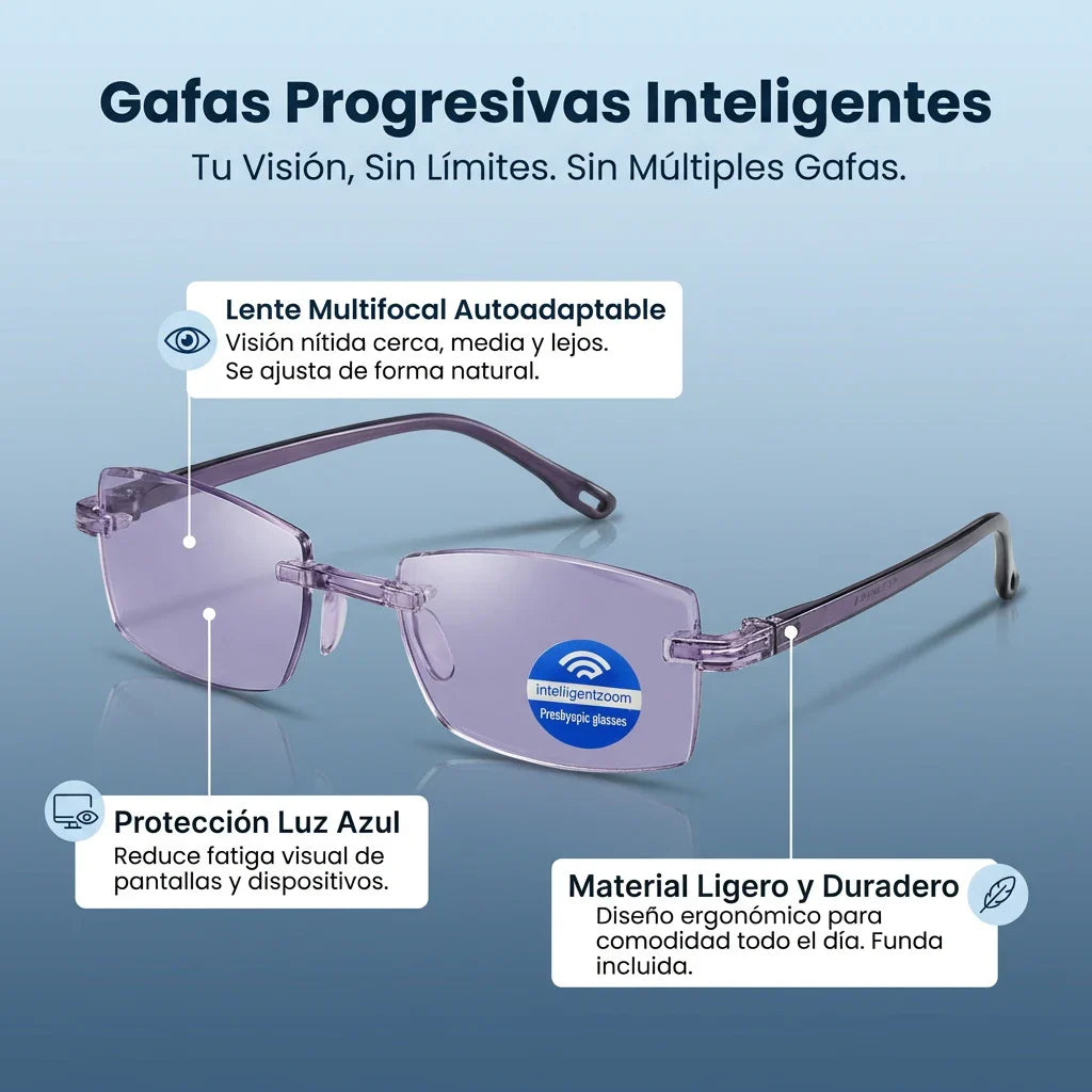 Gafas Blu Progresivas Inteligentes™ - Visión de cerca, intermedia y lejos en una sola gafa (No necesita graduación, incluye funda de cuero y PRUEBA GARANTIZADA de 30 DÍAS) l.p