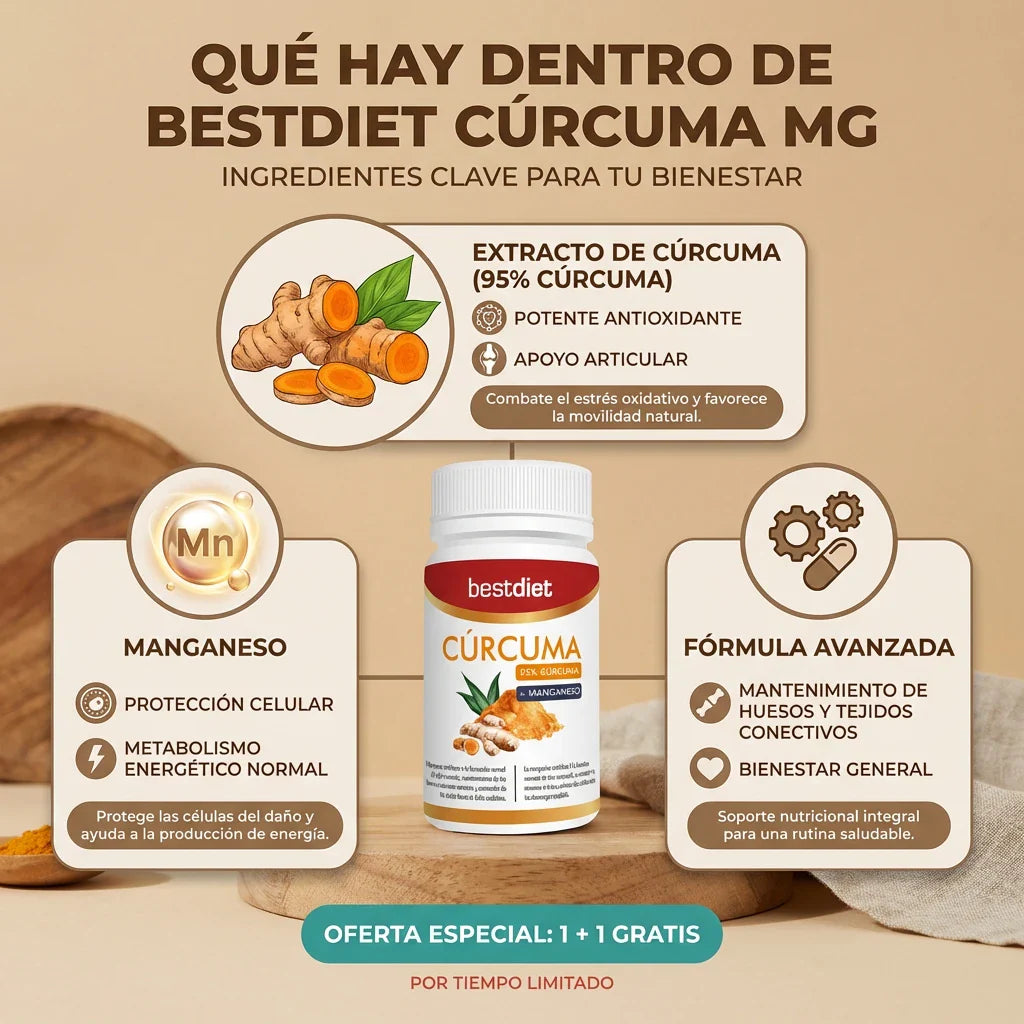 1 + 1 GRATIS | Bestdiet Cúrcuma MG™ - El remedio natural para eliminar la inflamación y dolor articular al completo. Avalado por más de 1000 estudios. (Nueva formulación 2026 con Manganeso para cuidar los huesos). 30 capsulas por bote.