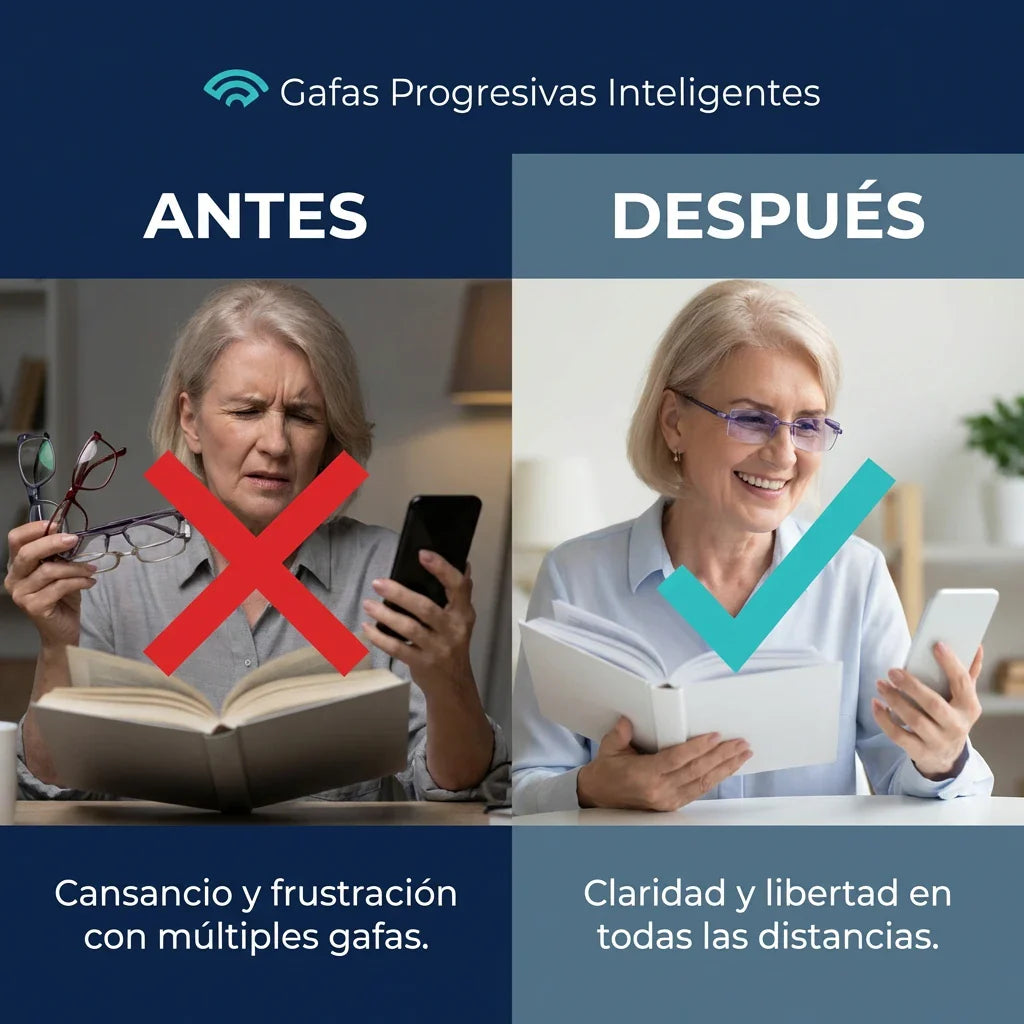 Gafas Blu Progresivas Inteligentes™ - Visión de cerca, intermedia y lejos en una sola gafa (No necesita graduación, incluye funda de cuero y PRUEBA GARANTIZADA de 30 DÍAS) a.p