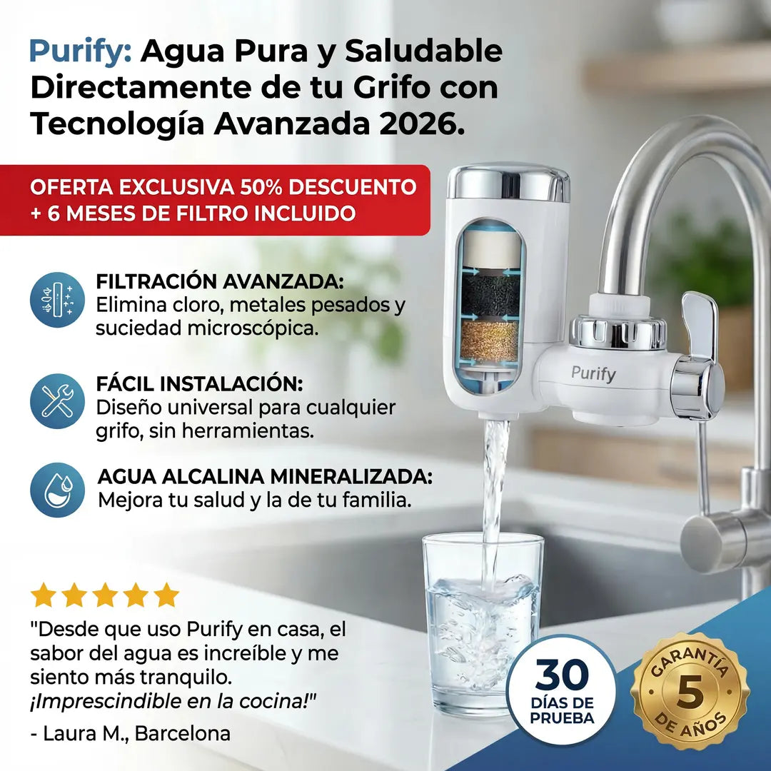 Purify Original™ - Asegurate que el agua que usa diariamente esta libre de químicos e impurezas. (El filtro incluido GRATIS cubre 6 meses completo + Instalación universal para cualquier grifo)
